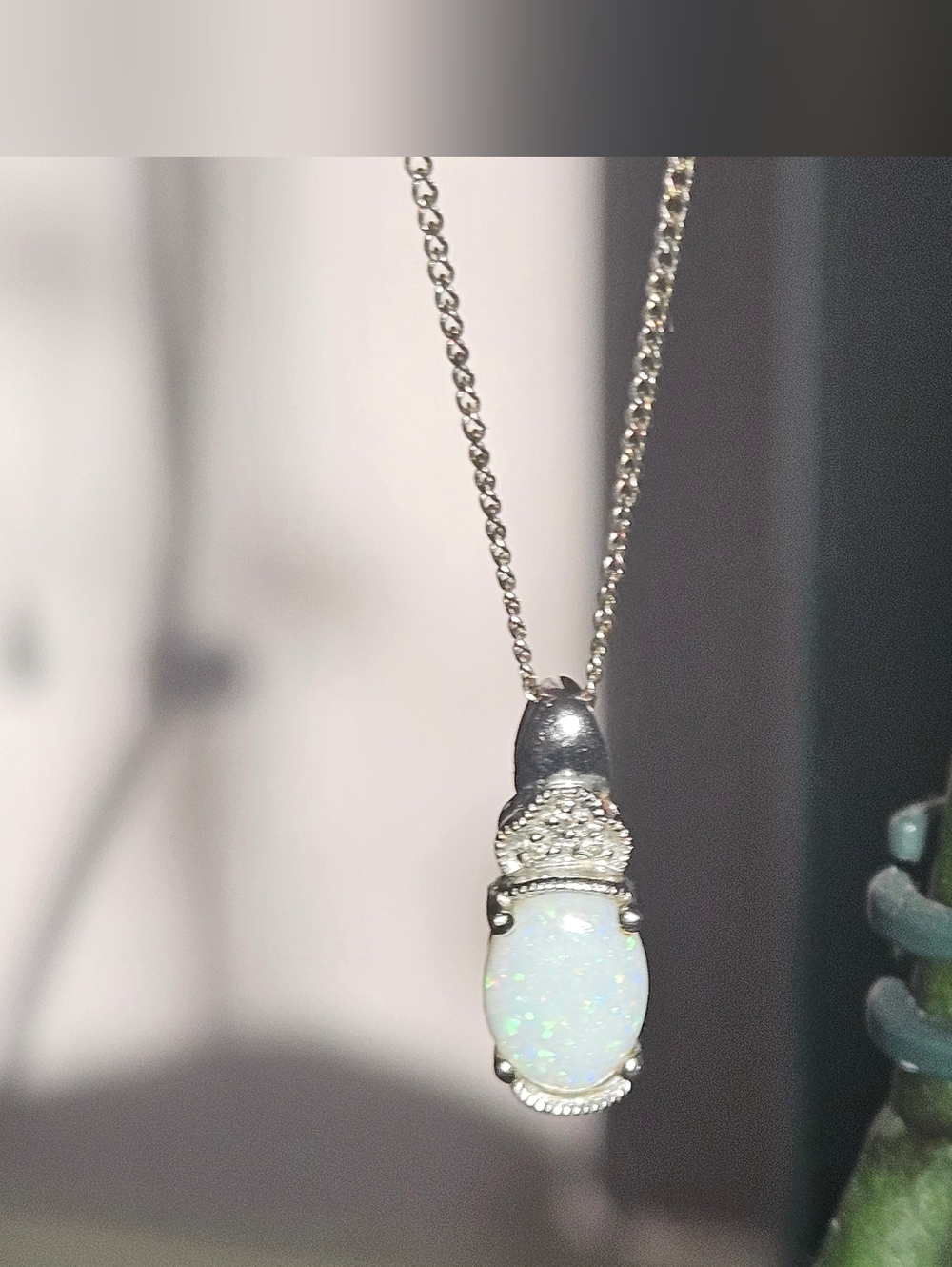 14k White Gold Natural Australian White Opal  Dainty Necklace With Dianond Chips